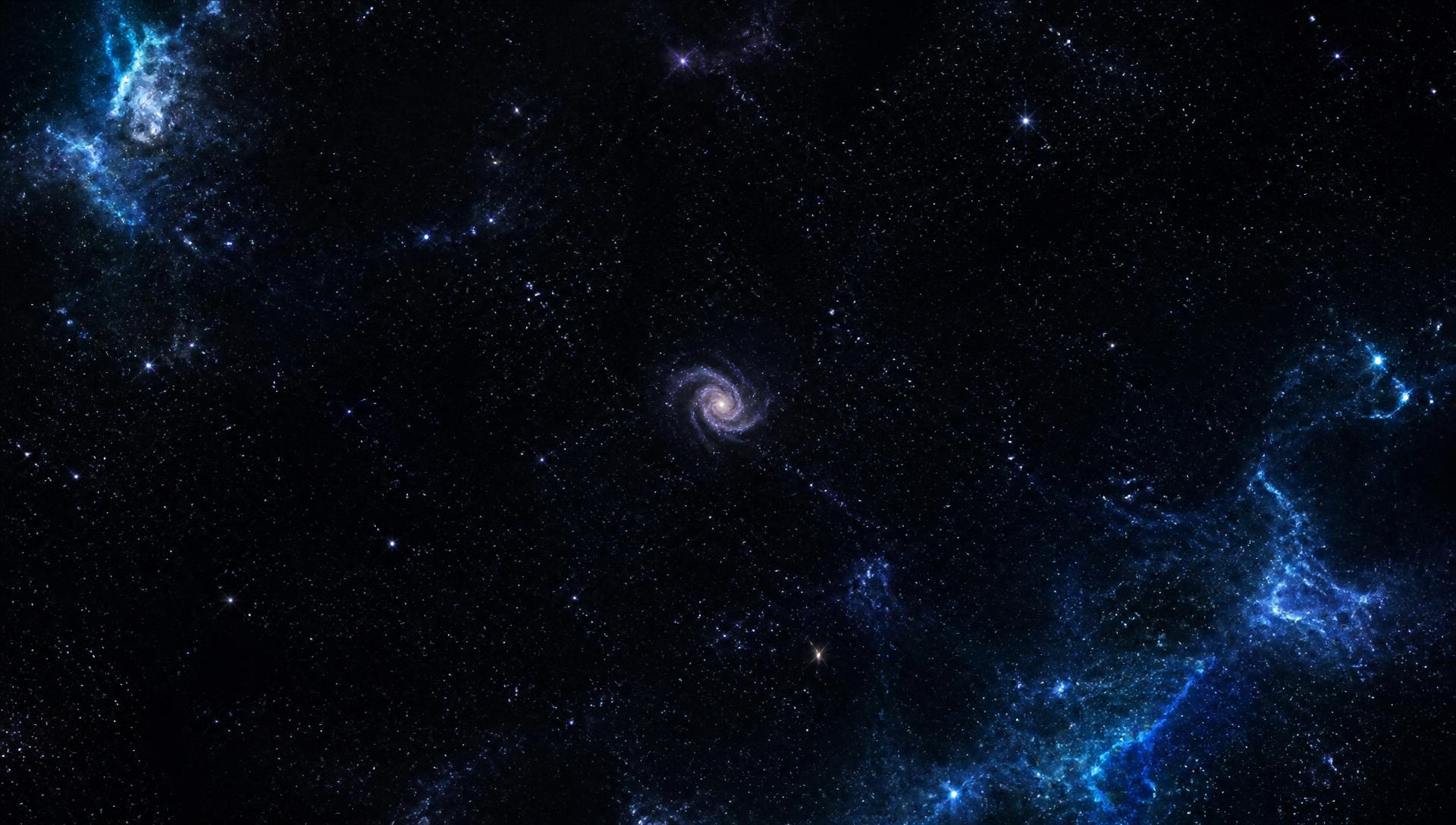 Deep field of stars with a distant spiral galaxy and faint blue nebulae